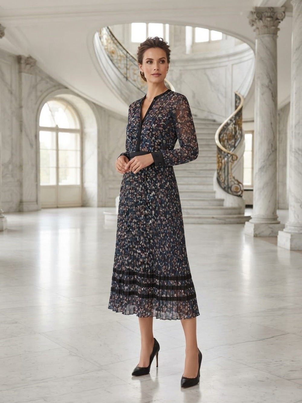 Club Monaco Navy Floral Pleated Midi Dress